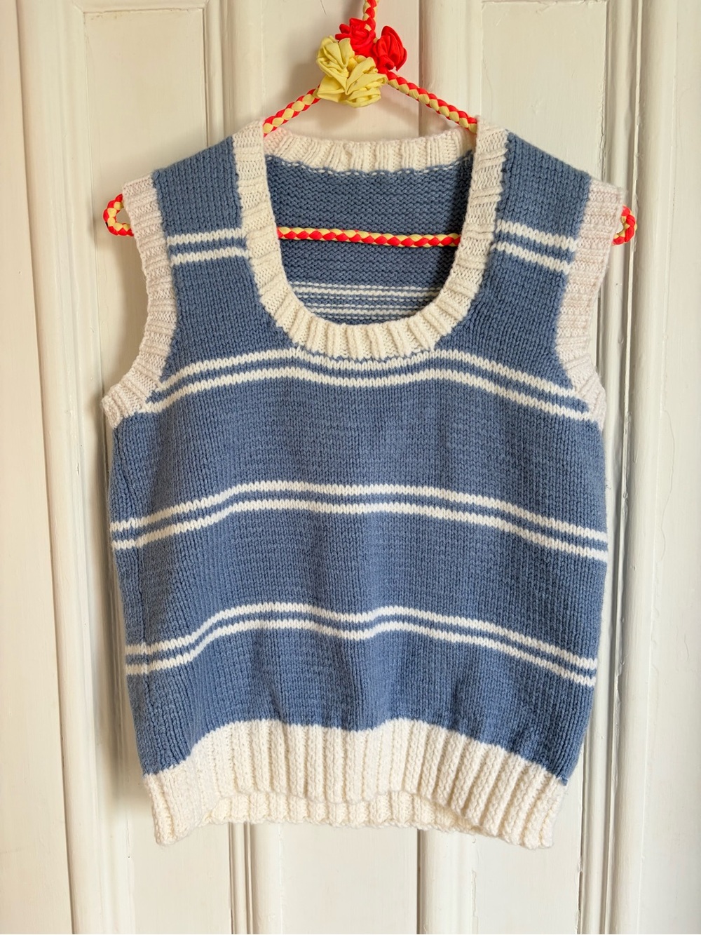 Handmade Vintage Blue and White Striped Knit Sweater Vest